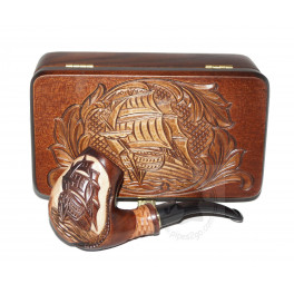 Hand Carved Ship Classic Wooden Box for Tobacco Smoking Pipe Medium Size